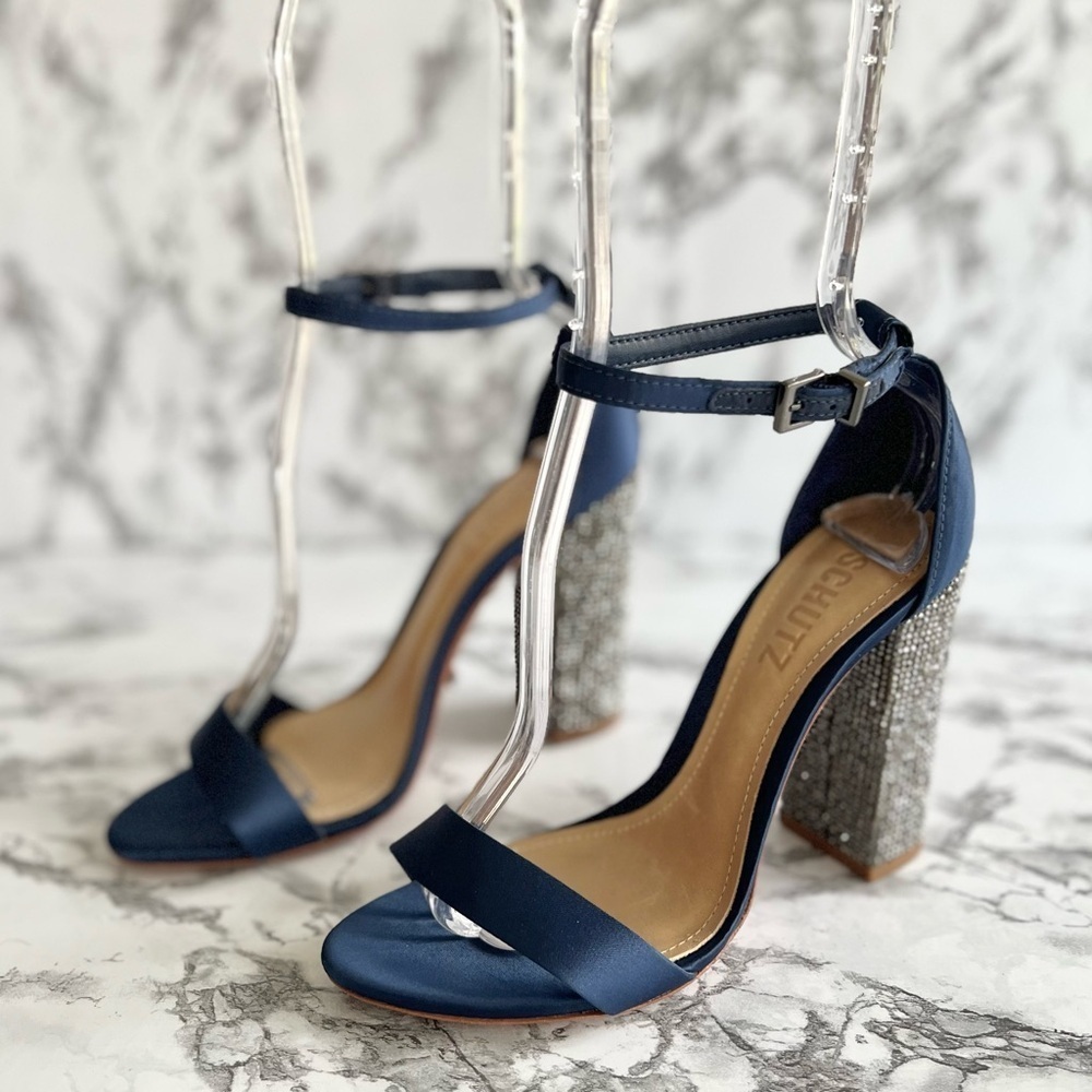 Schutz Hara Sandals Blue Satin Rhinestone Block Heel Ankle Strap 6 Cocktail Glam - Picture 5 of 17